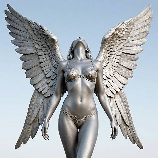 Photorealistic digital artwork of a silver-toned, winged woman in a sparkly bra and panties, head tilted back, against a clear blue