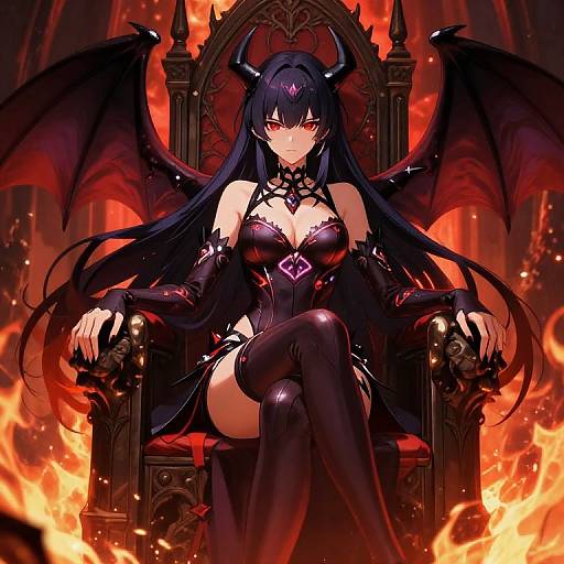 Digital anime artwork of a black-haired demon queen with red eyes, black wings, and horns, sitting on a gothic throne amid flames, wearing a