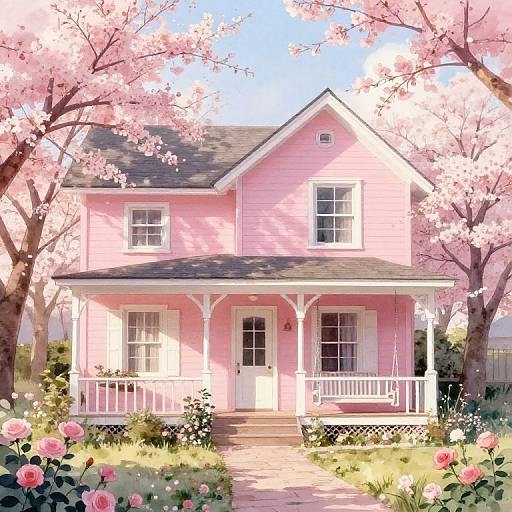Digital illustration of a charming pink two-story house with white trim, surrounded by cherry blossom trees and blooming roses, under a clear blue sky.