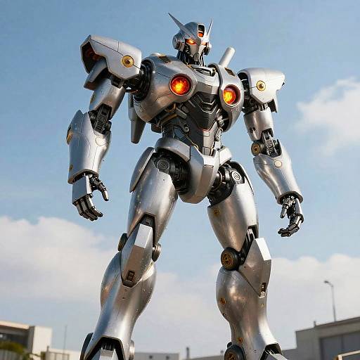 Photograph of a silver, humanoid robot with glowing red eyes and circular emblems, standing against a clear blue sky and urban background.