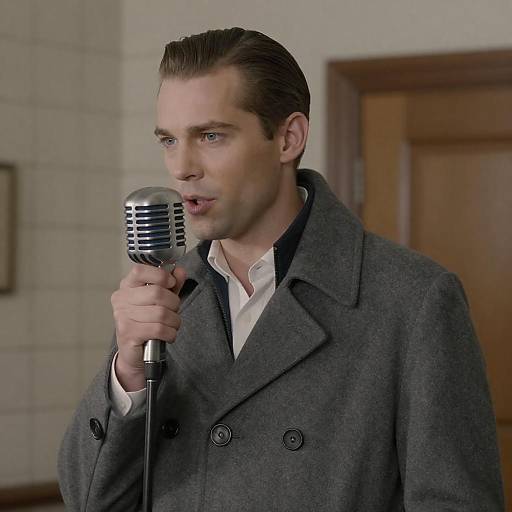 Man Speaking into Vintage Microphone