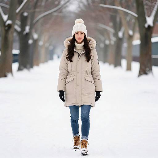 Photograph of a young woman with long black hair, wearing a beige winter coat, white beanie, blue jeans, black gloves, and tan boots