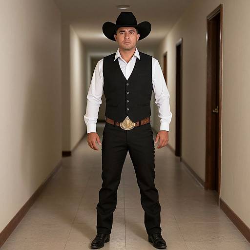 Photograph of a man in a black cowboy hat, white shirt, black vest, and pants, standing confidently in a dimly lit hallway.