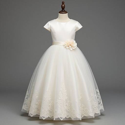 Photograph of a white, short-sleeved, lace-trimmed, full-skirted children's wedding dress on a mannequin against