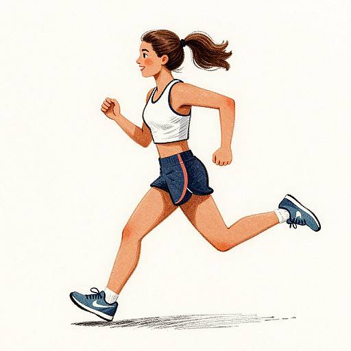 Digital illustration of a fit, brown-haired woman in a white crop top and blue shorts, running with a determined expression.