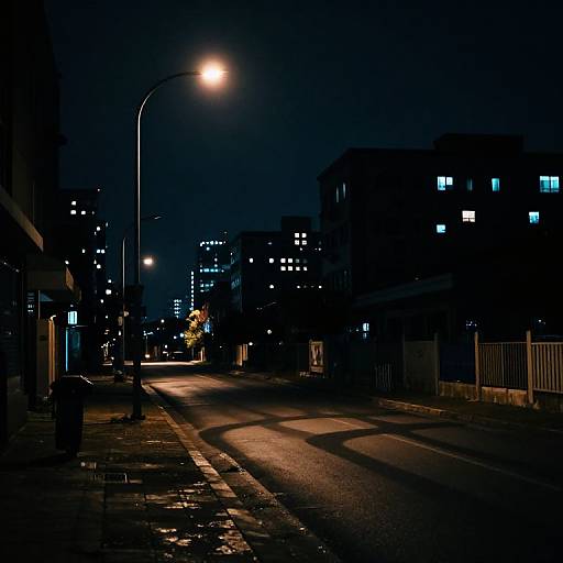 Photograph of a dark, deserted city street at night, illuminated by a single streetlight, with distant buildings and scattered lights.