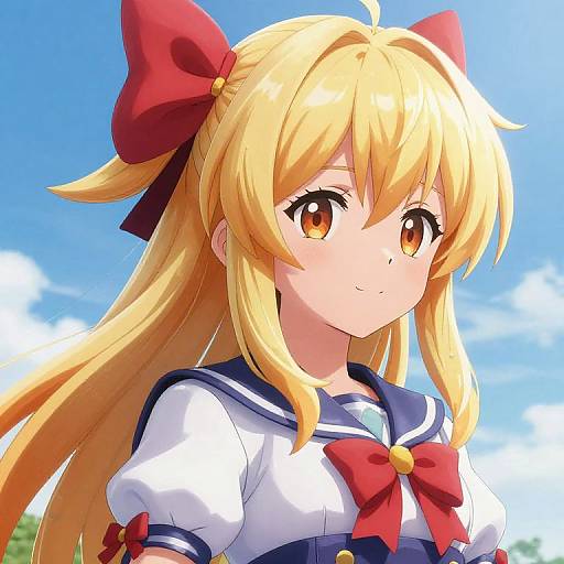 Anime-style digital drawing of a blonde girl with yellow eyes, red bow, white sailor uniform, and blue sky background.