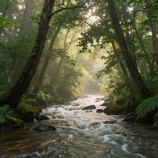 Photograph of a sunlit forest stream, with sunlight filtering through dense green trees, creating a misty, serene atmosphere. Clear, flowing water over
