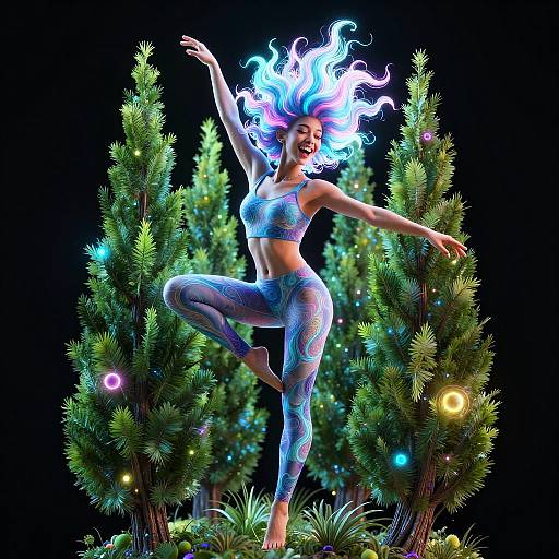 Digital artwork of a glowing, neon-haired woman in a blue, patterned sports outfit, dancing joyfully among colorful, illuminated Christmas trees.