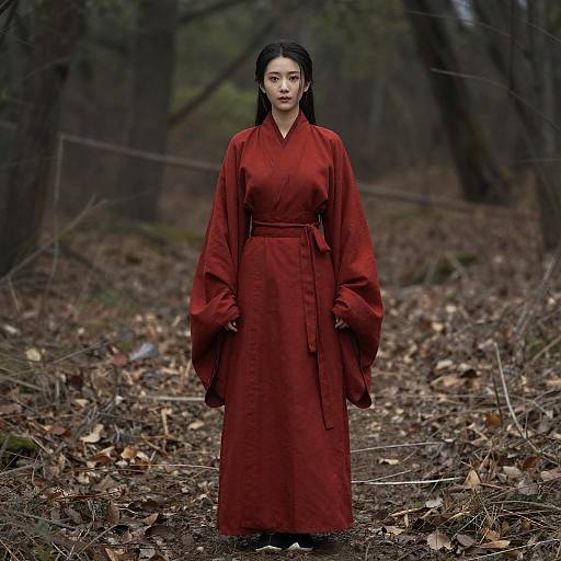 Photograph of an East Asian woman in a long, red traditional robe standing in a dark, leaf-strewn forest path.