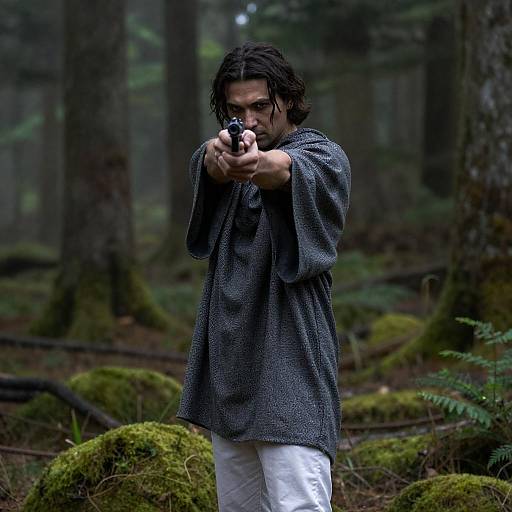 Intense Forest Standoff with Cloaked Man