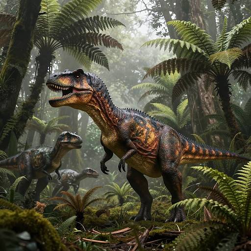 Realistic Dinosaurs in Misty Swamp