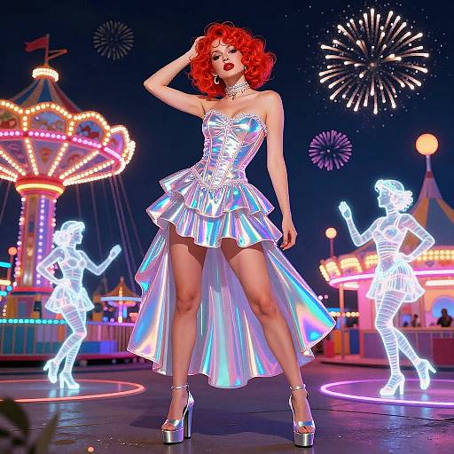 Digital art of a red-haired woman in a shiny silver strapless dress and high heels, posing confidently at a neon-lit carnival with glowing statues and