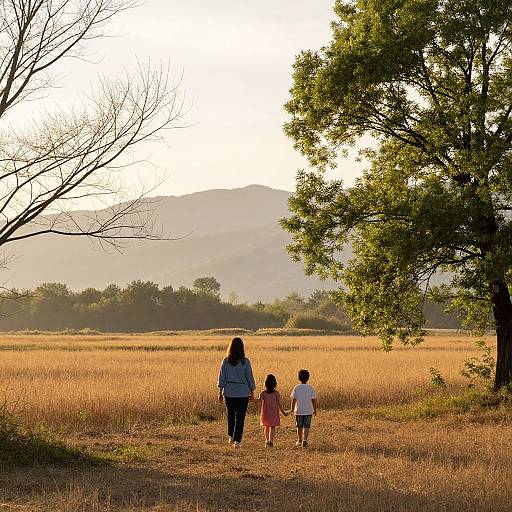 Photograph of a woman and two children walking through a golden, sunlit field with trees on the right and mountains in the background.