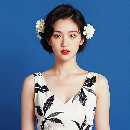 Photograph of an Asian woman with fair skin, black hair in a bun, wearing a white floral dress and white daisies, against a vibrant