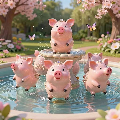 CGI image of five pink, cartoon pigs with black spots standing in a circular fountain, surrounded by cherry blossoms and butterflies.