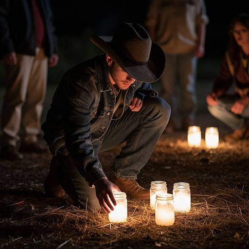 Photograph of a man in dark clothing and hat, crouching by glowing candles on a grassy ground at night, surrounded by blurred, standing