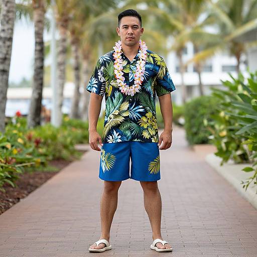Man in Hawaiian Attire on Walkway