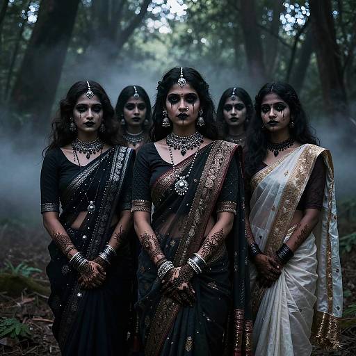 Photograph of five Indian women in traditional black and white saris, adorned with jewelry, standing in a misty forest, with serious expressions and intricate