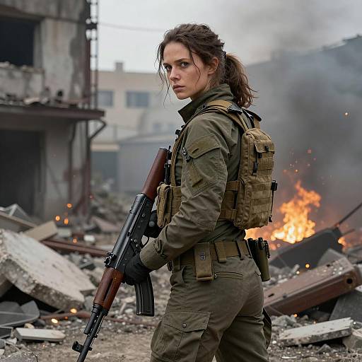Determined Woman in War-Torn Landscape