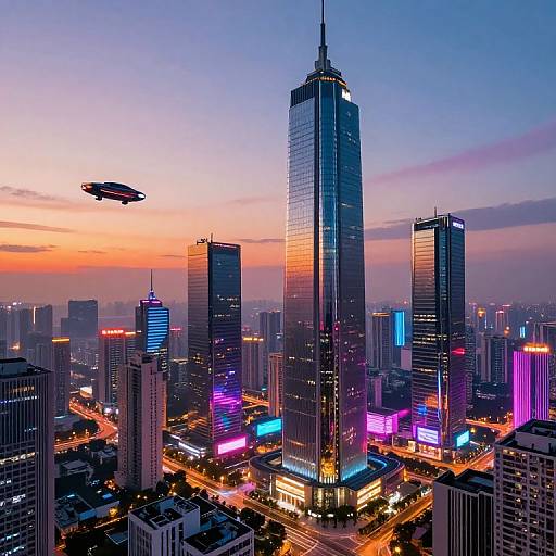 Photograph of a futuristic cityscape at dusk, featuring a tall skyscraper with neon lights, colorful illuminated buildings, and a flying saucer in the