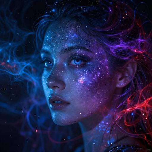 Glowing digital portrait of a woman with starry blue and purple face, cosmic hair, and ethereal red and blue light swirls.