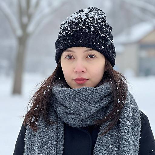 Photograph of an East Asian woman with fair skin, dark brown hair, wearing a black beanie, gray scarf, black coat, and red lipstick