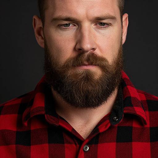 Photograph of a bearded white man with short brown hair, wearing a red and black plaid shirt, against a dark background. He has a