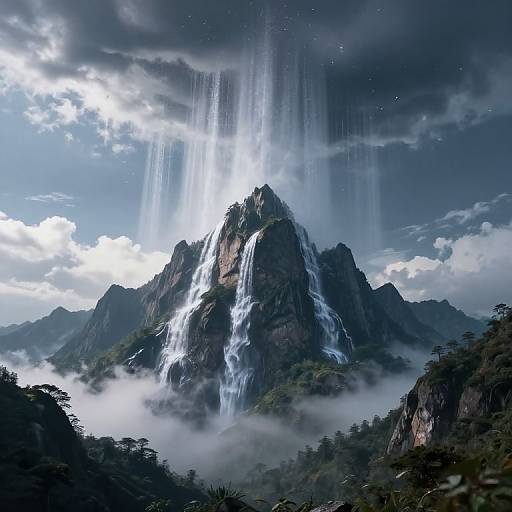 Photorealistic digital artwork of a towering, mist-shrouded mountain with cascading waterfalls under a dramatic, cloudy sky at dawn.