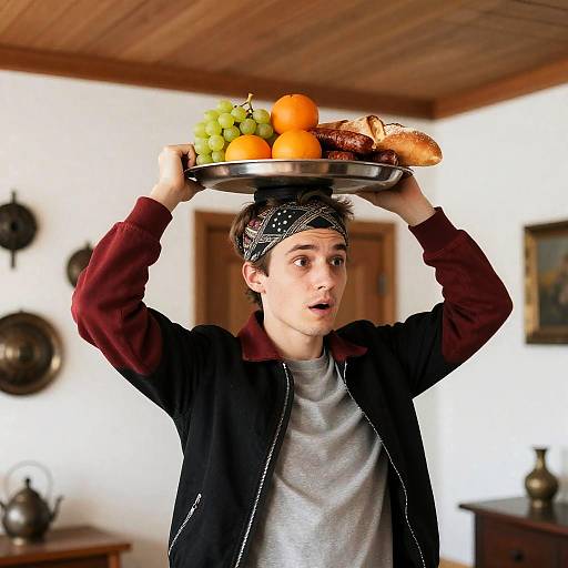 Surprised Man Balancing Tray of Food