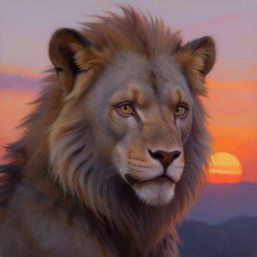 Digital painting of a majestic lion with golden eyes, full mane, and intense gaze, against a vibrant sunset sky with orange and purple hues.