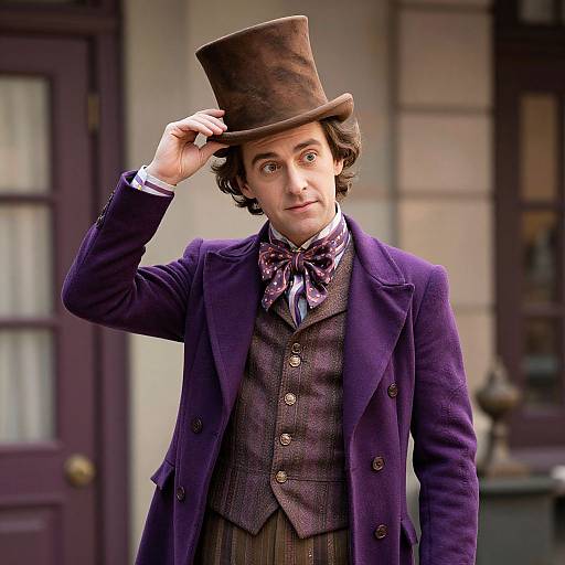 Photograph of a young man in Victorian attire: purple coat, brown waistcoat, patterned bowtie, tall brown top hat, standing outdoors.