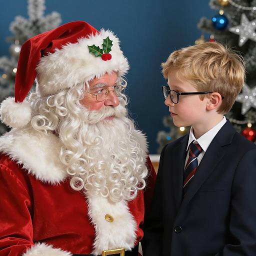 Santa Claus Talking to Young Boy in Suit