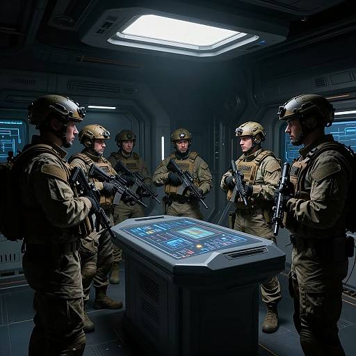 Photograph of five armed soldiers in full tactical gear, standing in a dimly lit, futuristic control room, surrounding a glowing, high-tech console.
