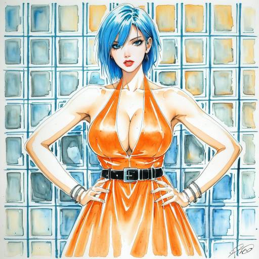 Blue-Haired Anime Girl in Orange Dress