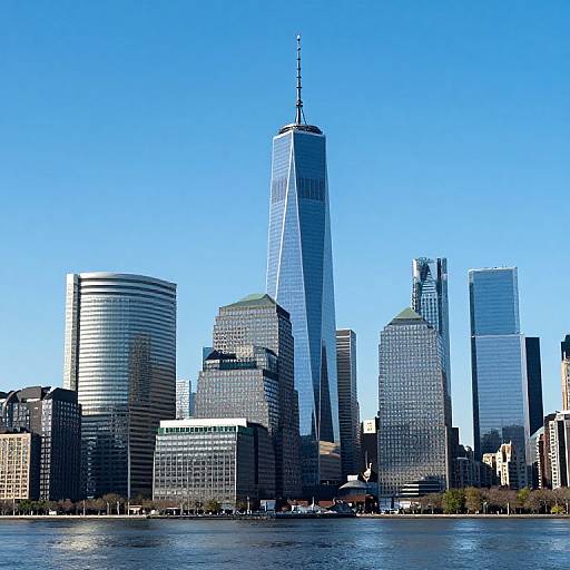 Photograph of New York City skyline with One World Trade Center as the tallest building, clear blue sky, and Hudson River in foreground.