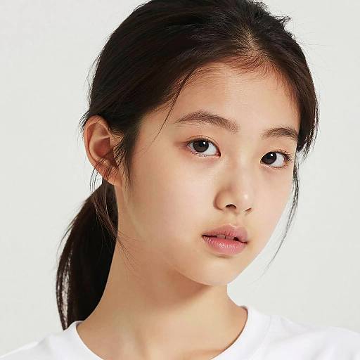 Photograph of an Asian teenage girl with fair skin, black hair in a ponytail, and neutral expression, against a white background.