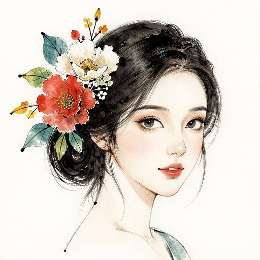 Digital illustration of an East Asian woman with black hair, adorned with red, white, and yellow flowers, featuring delicate watercolor-style shading and soft,
