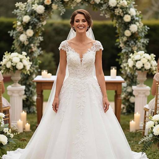 Photograph of a smiling bride in a white lace, V-neck wedding dress with a veil, standing in front of a candlelit floral arch outdoors.