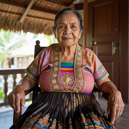 Photograph of an elderly Indian woman with gray hair, wearing a colorful, intricately embroidered traditional dress, sitting in a wooden-roofed porch.