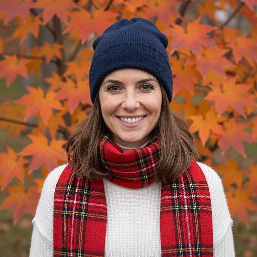 Photograph of smiling woman with brown hair, wearing navy beanie, red plaid scarf, white sweater, standing against autumn leaves.