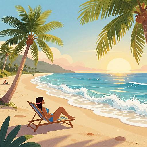 Digital illustration of a serene beach at sunset, featuring a person relaxing on a deck chair under palm trees, with gentle waves and a colorful sky.