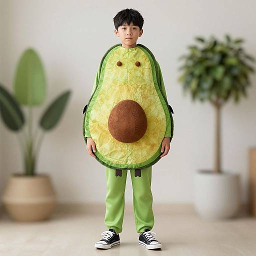Photograph of a young boy in a green and yellow avocado costume with a brown circle, standing in a bright room with potted plants. Black hair