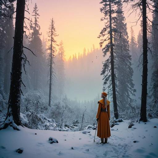 Elf in Snowy Enchanted Forest at Dawn