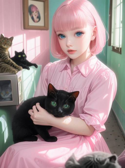 Realistic Girl with Pink Hair and Cat