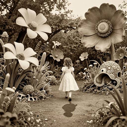 Sepia-toned photograph of a young girl in a white dress walking through a whimsical garden with oversized flowers and intricate, patterned mushrooms.