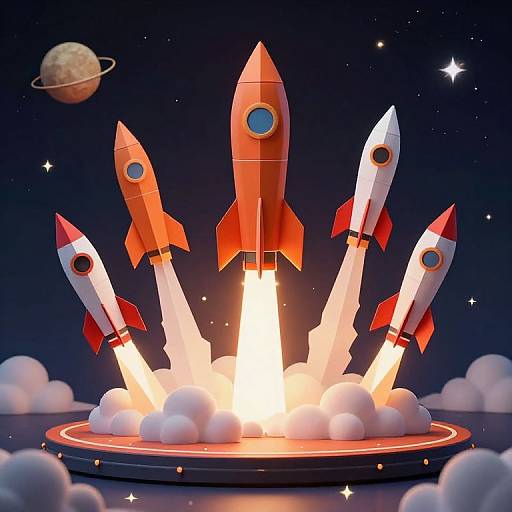 CGI illustration of five colorful rockets launching from a glowing platform in space, surrounded by clouds, stars, and a planet.