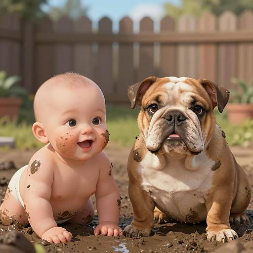 Joyful Baby and Puppy in Mud