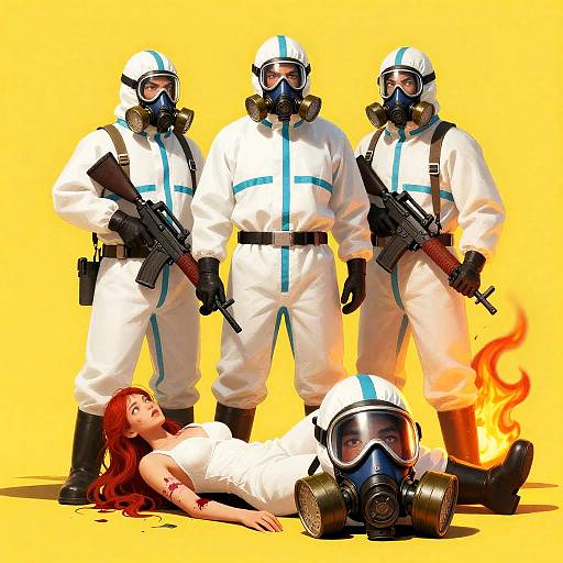 Comic-style Hazmat Team with Injured Woman