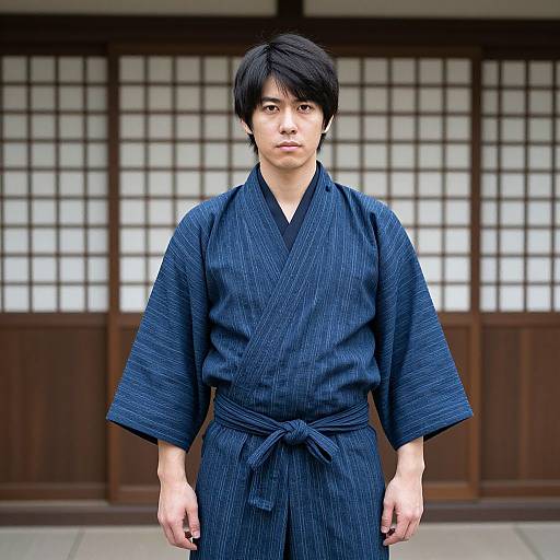 Photograph of a young Asian man with short black hair, wearing a dark blue, patterned kimono, standing in front of traditional Japanese shoji